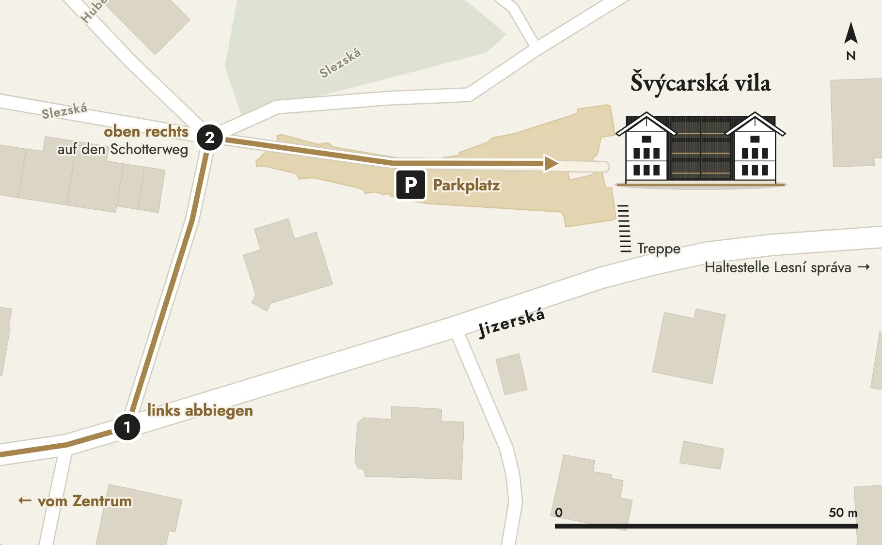 Anfahrtskarte zur Švýcarská vila: etwa 100 Meter vor dem Haus von der Jizerská links abbiegen, oben rechts auf den Schotterweg und auf ihm zum Parkplatz am Haus.