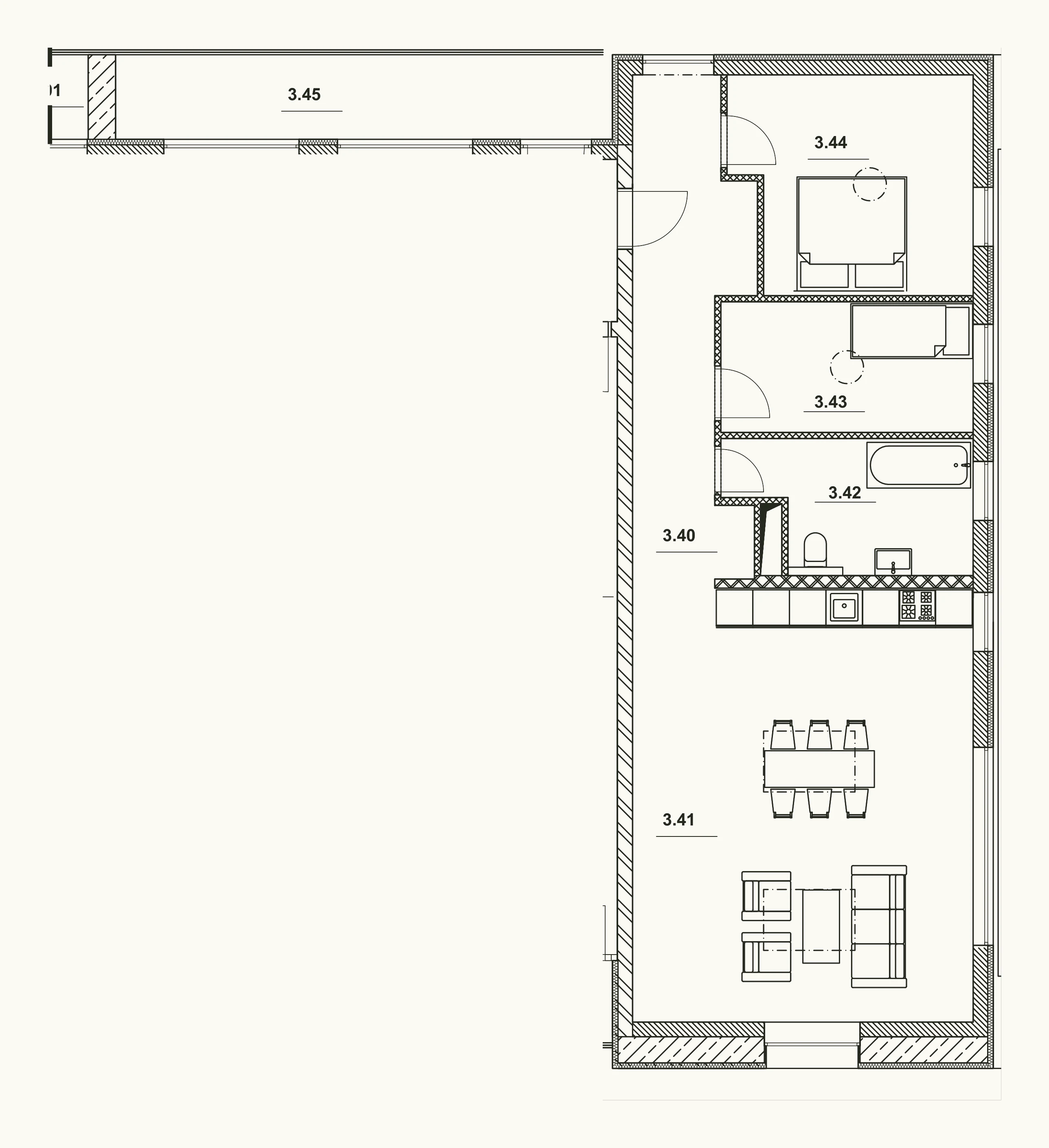 Půdorys bytu 12 – 3+kk, 83,07 m², 3. NP · podkroví