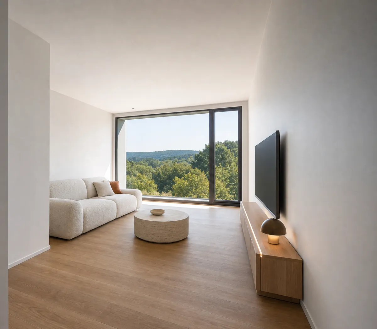 Visualisierung eines 1+kk-Studios – Wohnbereich zur verglasten Wand auf den Balkon