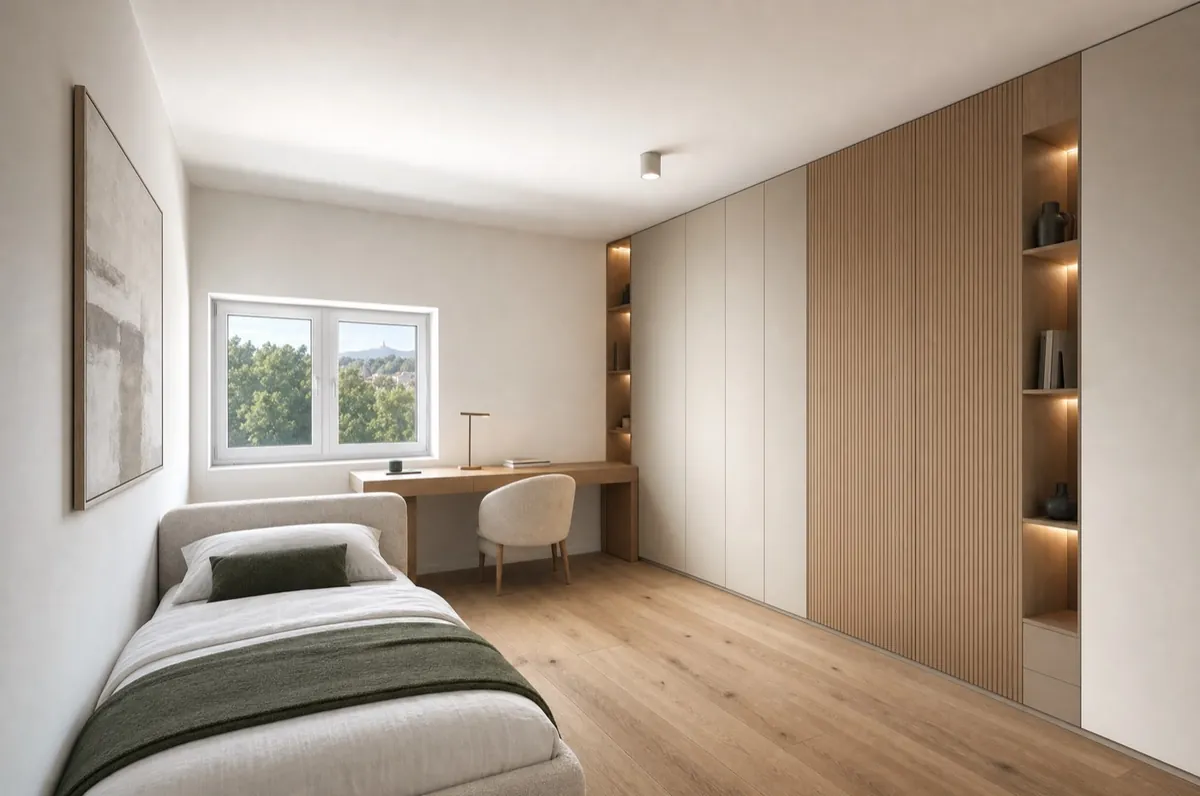 Visualisierung der Wohnung 09 – Zimmer mit Einbauschrank und Arbeitsnische