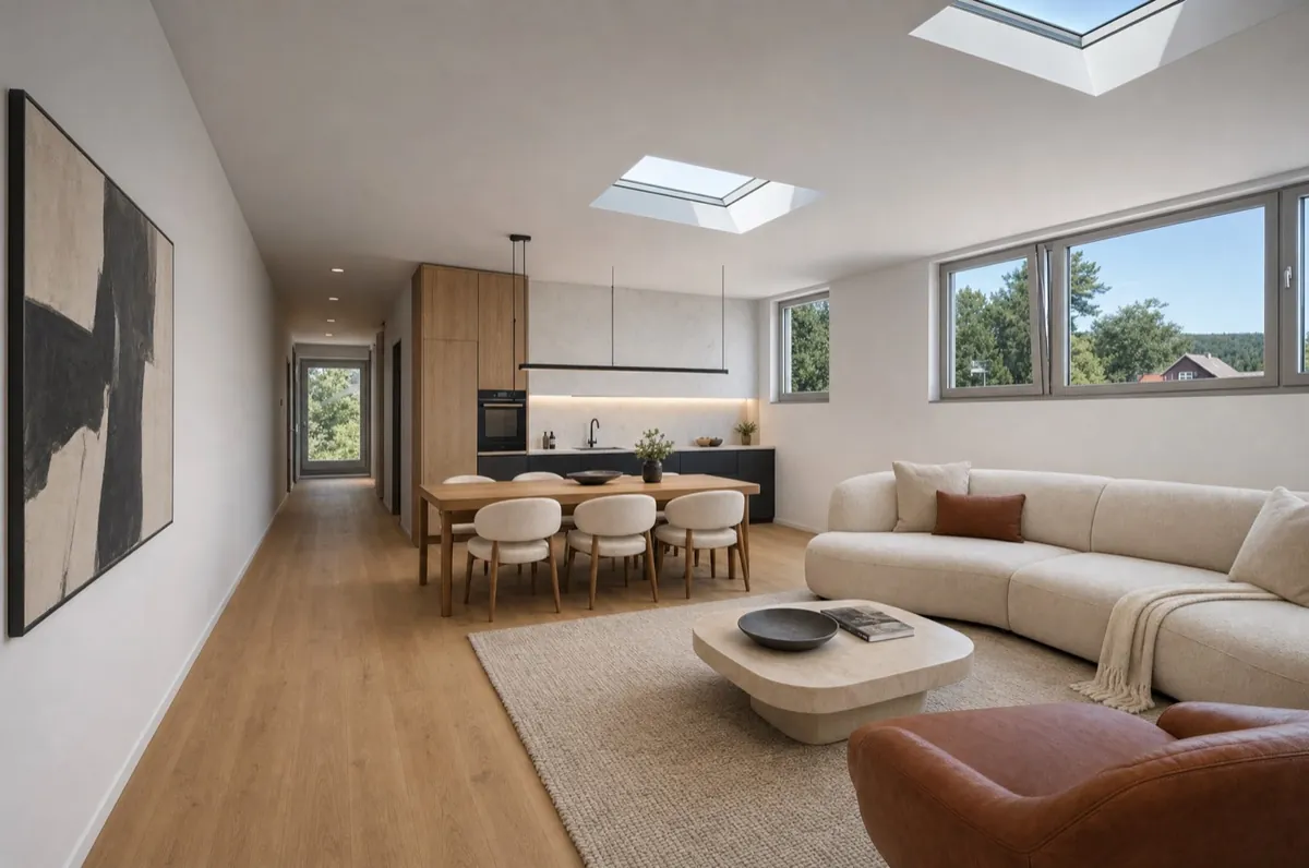 Visualisierung der Wohnung 12 – Wohnzimmer mit Küche und Esstisch